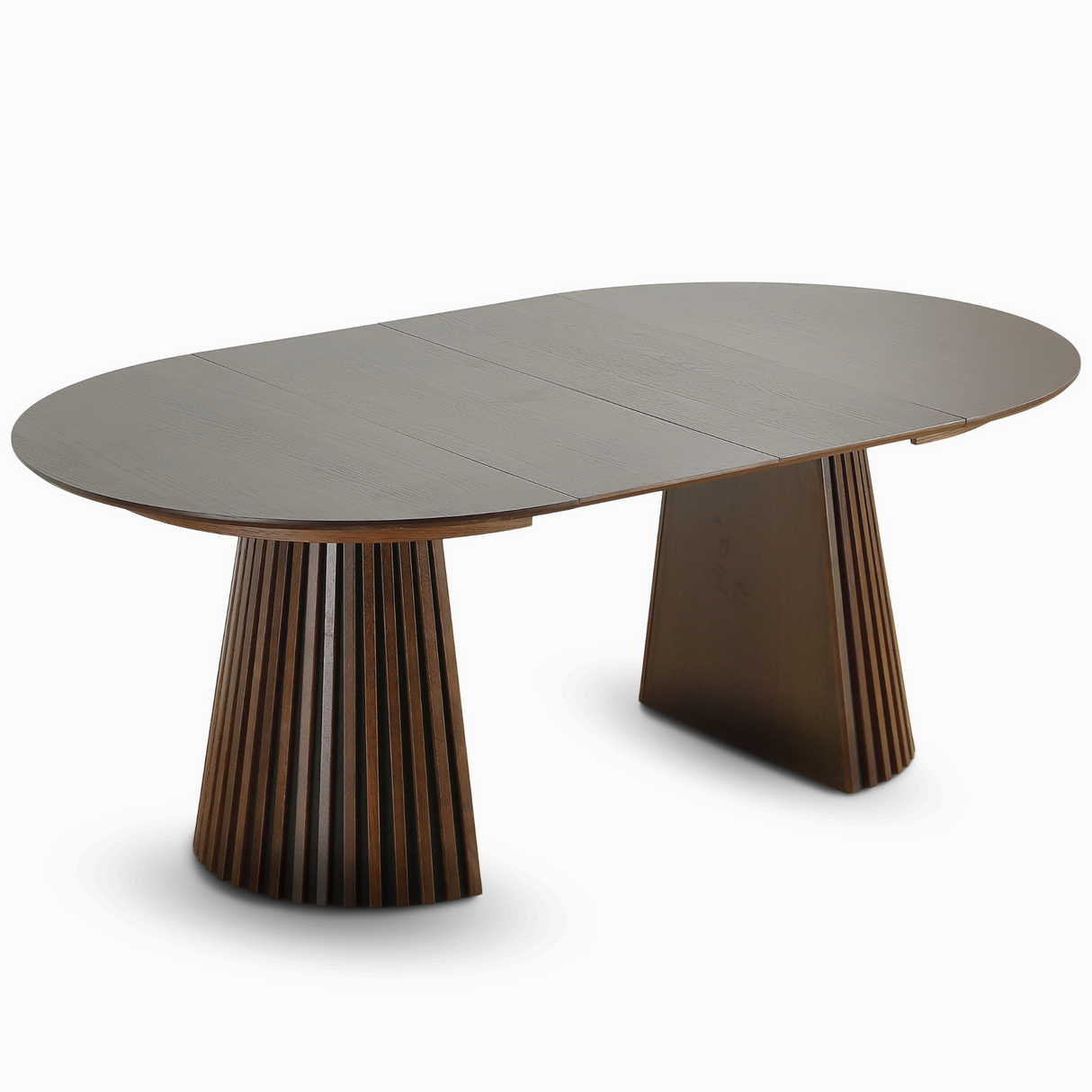 Lewis - Rundes Lamellen-Esszimmer-Tisch in geräuchertem Eichenfurnier mit Ausziehfunktion 120/160/200 cm - 2 Zusatzplatten inklusive