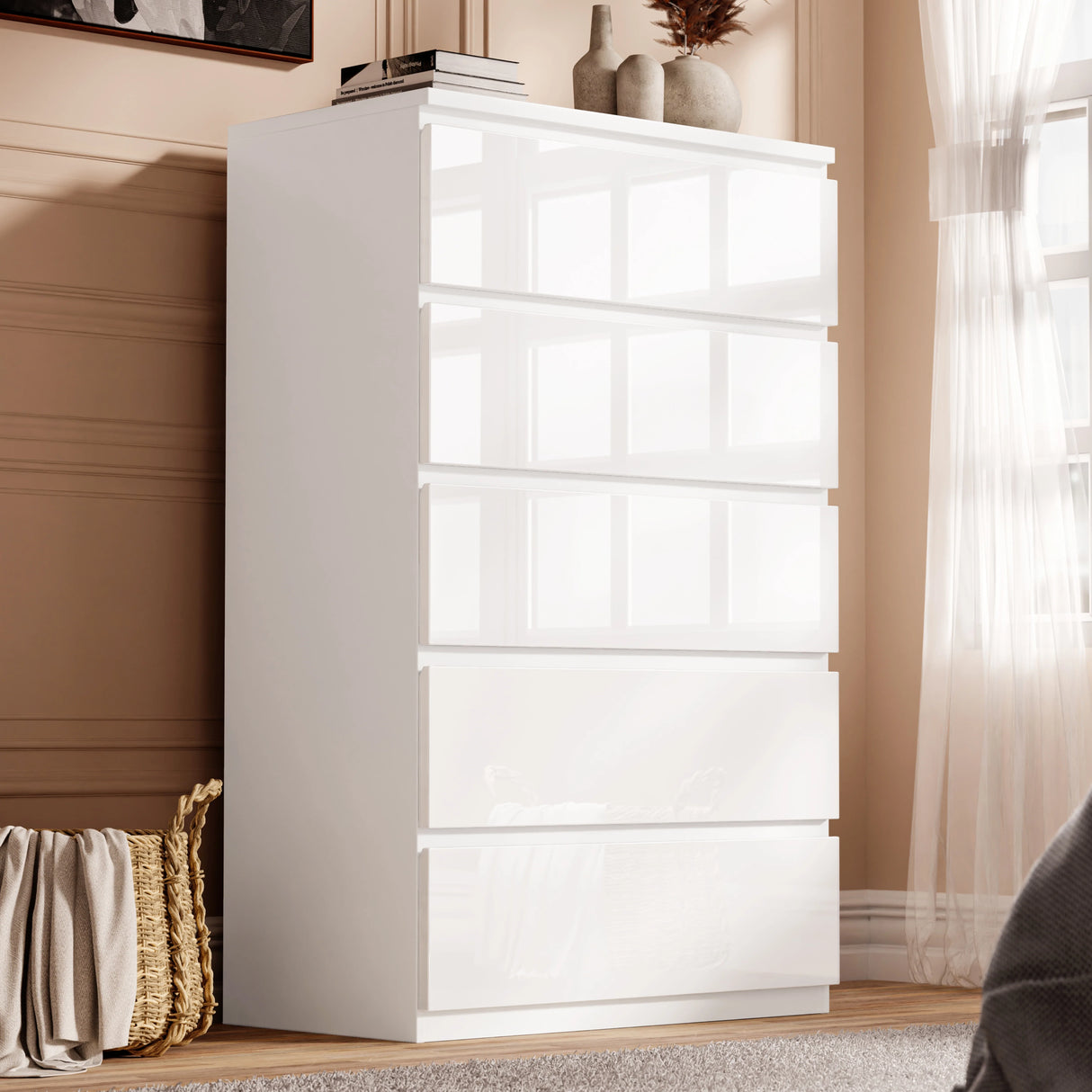 High Gloss Tall Chest of Drawers - 5 Drawer Chest Bedroom Drawers
