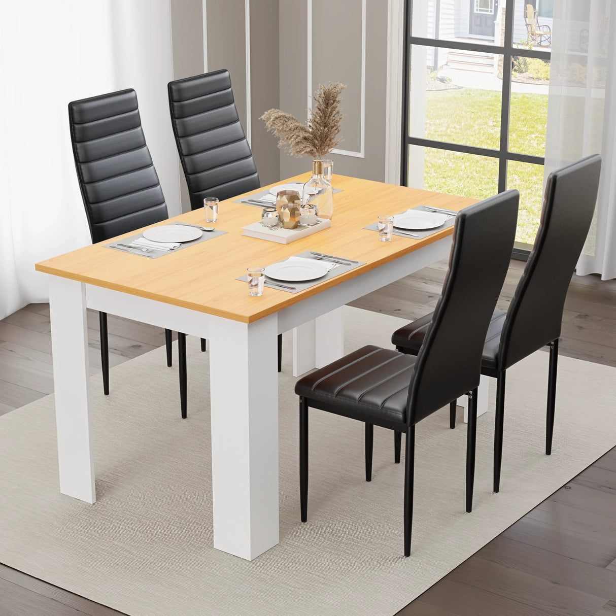 White & Pine 4-6 Seater Dining Table and Chairs Set