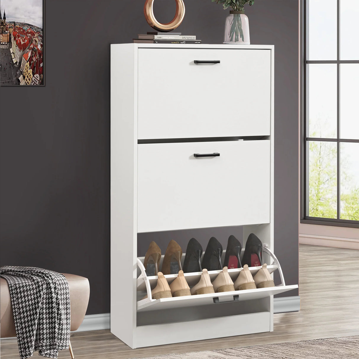 3 Door Slim Shoe Cabinet For Hallway | Tall Shoe Storage
